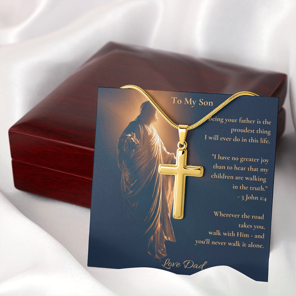 To My Son – "Walk With Him" Artisan Cross Necklace | Faith Gift From Dad With Bible Verse Message Card