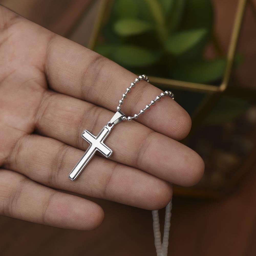 To My Husband – "You Never Let Go of His Hand" Artisan Cross Necklace with Ball Chain | Faith Gift From Wife With John 16:33 Message Card