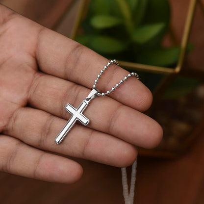To My Husband – "You Never Let Go of His Hand" Artisan Cross Necklace with Ball Chain | Faith Gift From Wife With John 16:33 Message Card