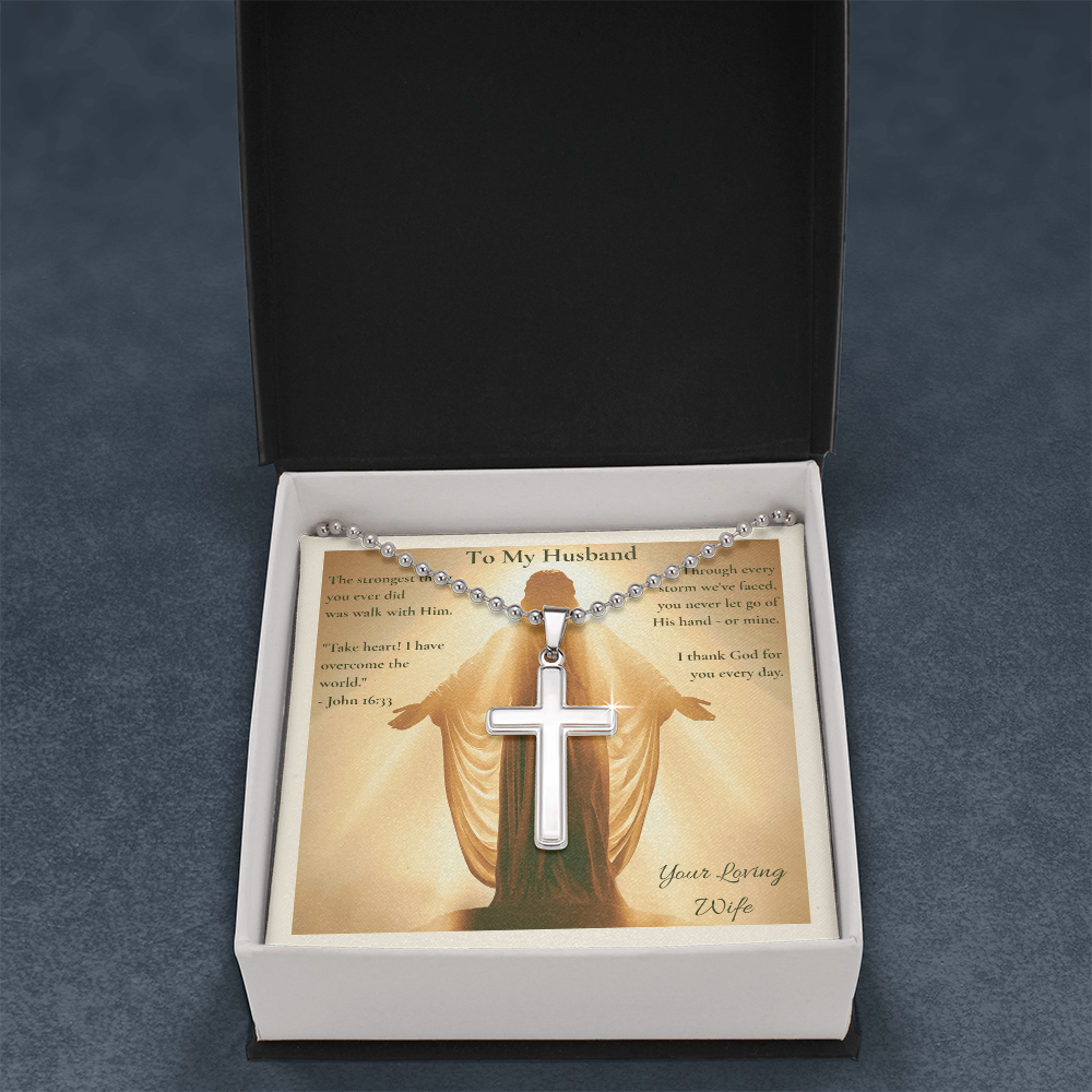To My Husband – "You Never Let Go of His Hand" Artisan Cross Necklace with Ball Chain | Faith Gift From Wife With John 16:33 Message Card