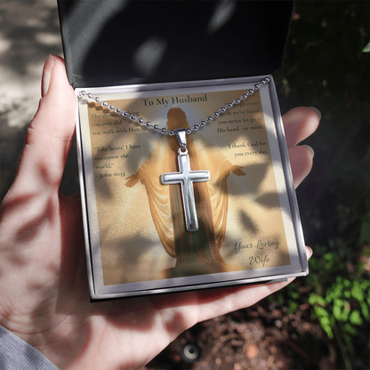 To My Husband – "You Never Let Go of His Hand" Artisan Cross Necklace with Ball Chain | Faith Gift From Wife With John 16:33 Message Card