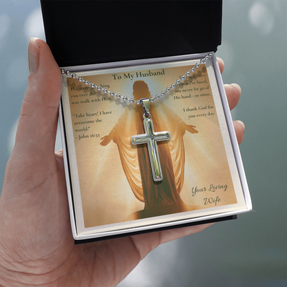 To My Husband – "You Never Let Go of His Hand" Artisan Cross Necklace with Ball Chain | Faith Gift From Wife With John 16:33 Message Card