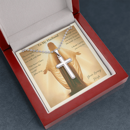 To My Husband – "You Never Let Go of His Hand" Artisan Cross Necklace with Ball Chain | Faith Gift From Wife With John 16:33 Message Card