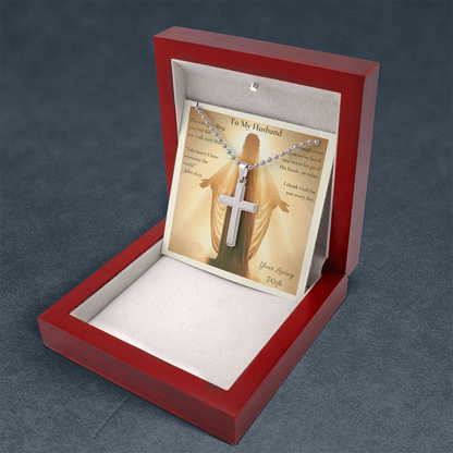 To My Husband – "You Never Let Go of His Hand" Artisan Cross Necklace with Ball Chain | Faith Gift From Wife With John 16:33 Message Card