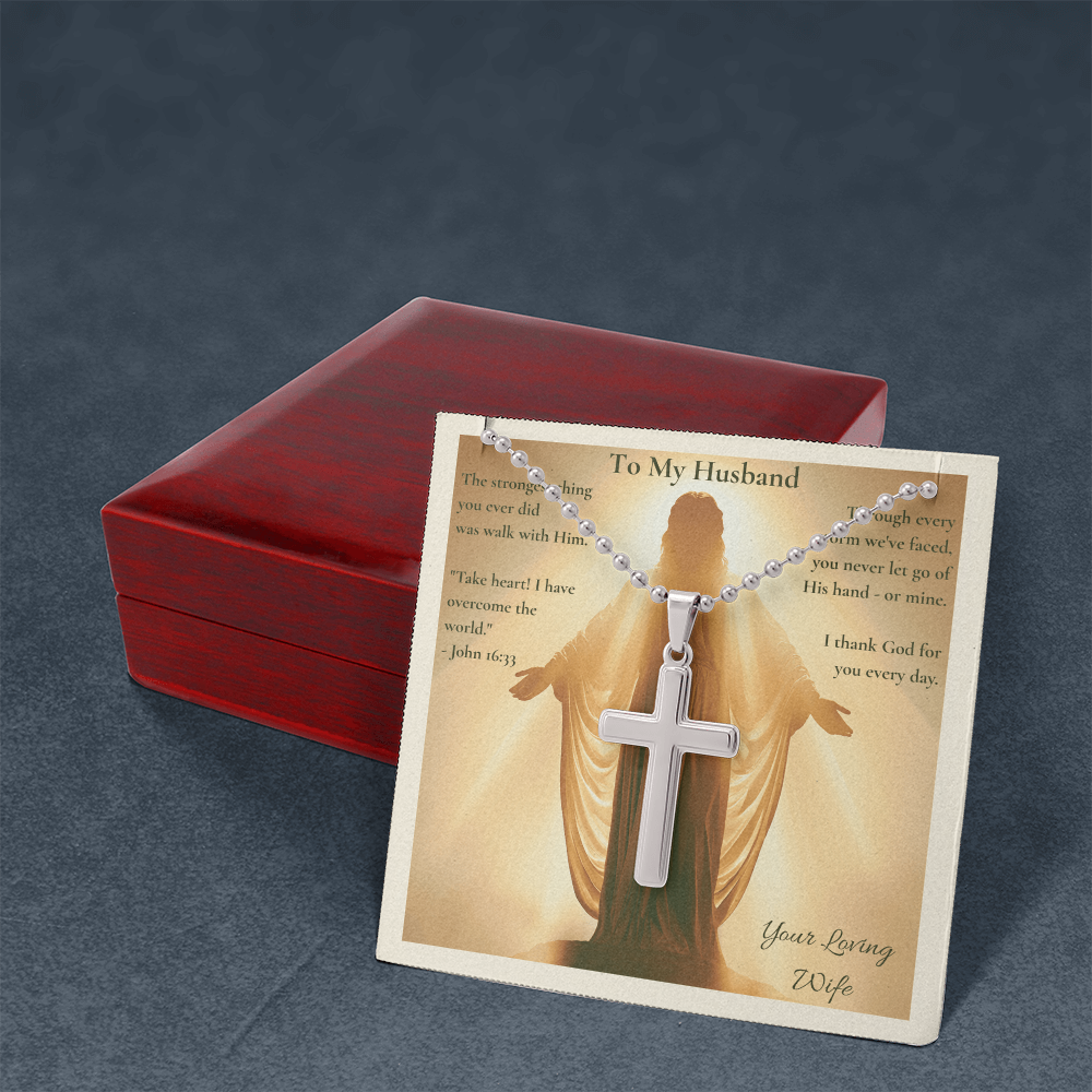 To My Husband – "You Never Let Go of His Hand" Artisan Cross Necklace with Ball Chain | Faith Gift From Wife With John 16:33 Message Card