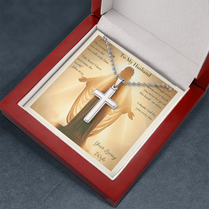 To My Husband – "You Never Let Go of His Hand" Artisan Cross Necklace with Ball Chain | Faith Gift From Wife With John 16:33 Message Card