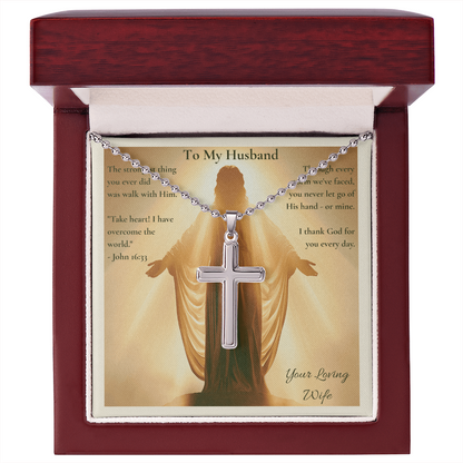 To My Husband – "You Never Let Go of His Hand" Artisan Cross Necklace with Ball Chain | Faith Gift From Wife With John 16:33 Message Card
