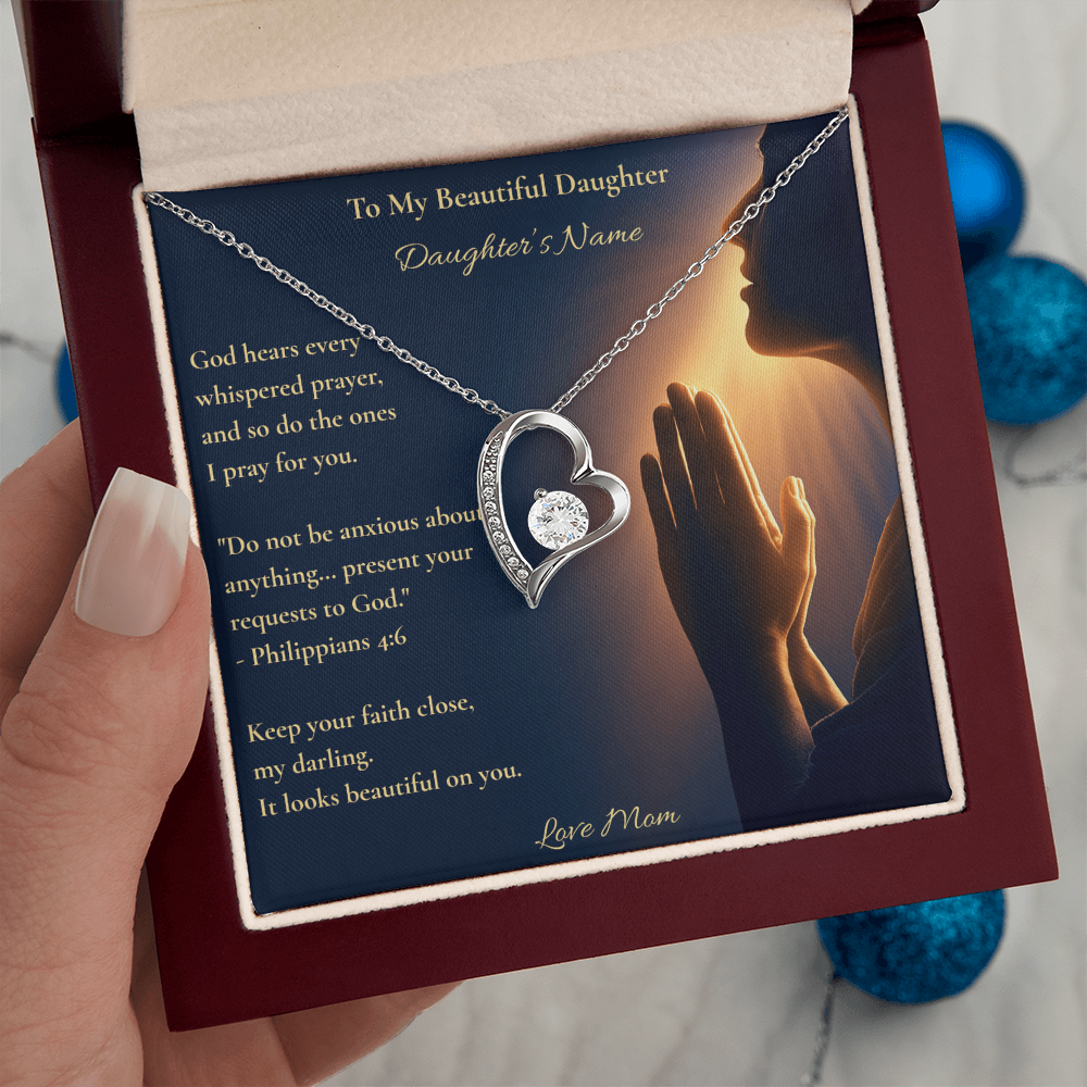 Heart necklace and personalized To My Beautiful Daughter card in a mahogany box, angled view