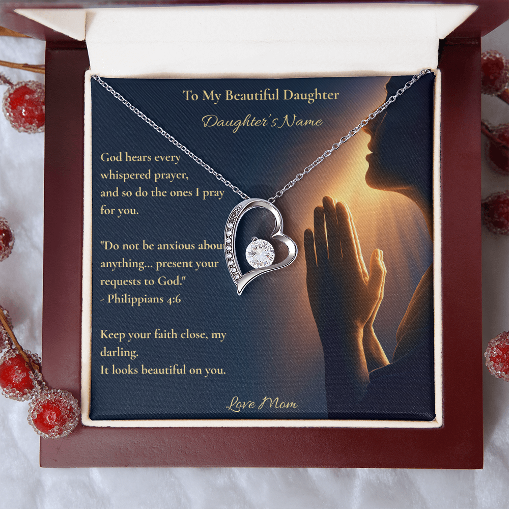 Personalised Forever Love Heart Necklace for Daughter – Philippians 4:6 Christian Gift from Mom