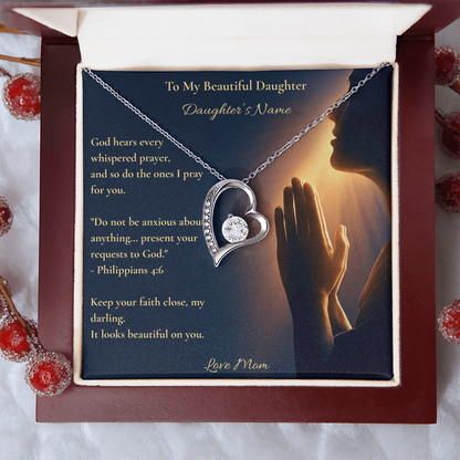 Personalised Forever Love Heart Necklace for Daughter – Philippians 4:6 Christian Gift from Mom