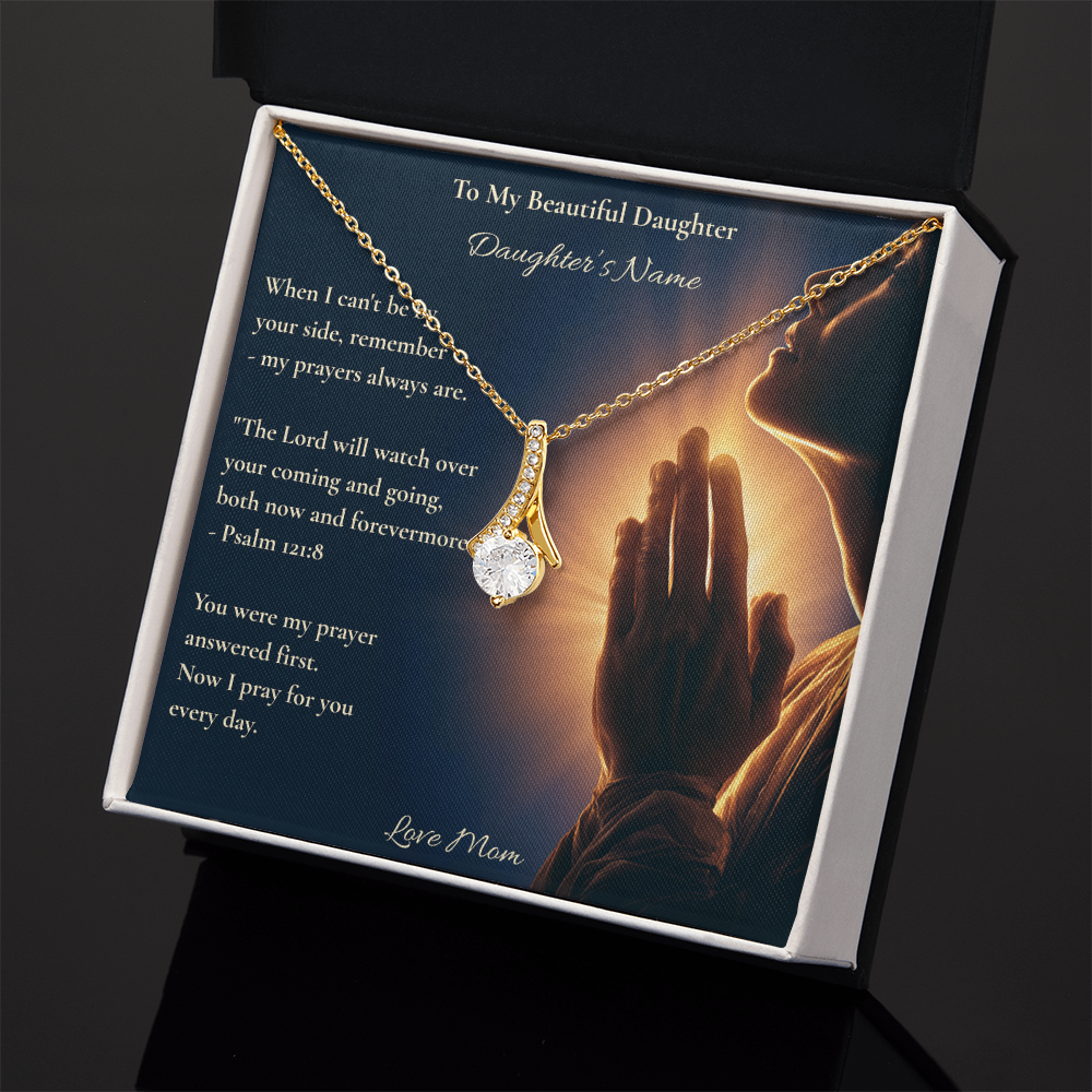 Gold necklace and personalised To My Beautiful Daughter card in a white box, dark background