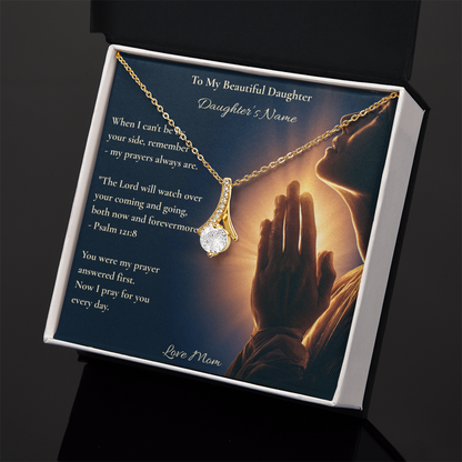 Gold necklace and personalised To My Beautiful Daughter card in a white box, dark background