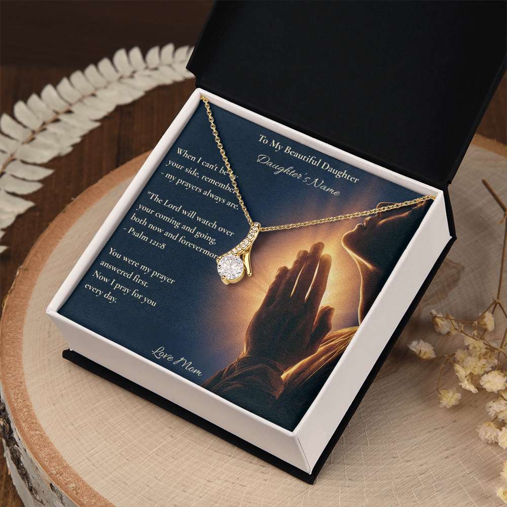 Yellow gold necklace and Psalm 121:8 daughter card in a gift box on wood with dried flowers
