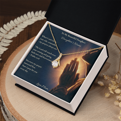 Yellow gold necklace and Psalm 121:8 daughter card in a gift box on wood with dried flowers