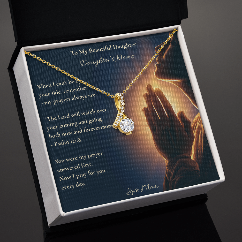 White gold necklace and To My Beautiful Daughter card displayed in a black gift box