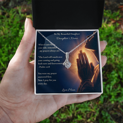 Gold ribbon pendant necklace on a personalised Psalm 121:8 card for a daughter from mom