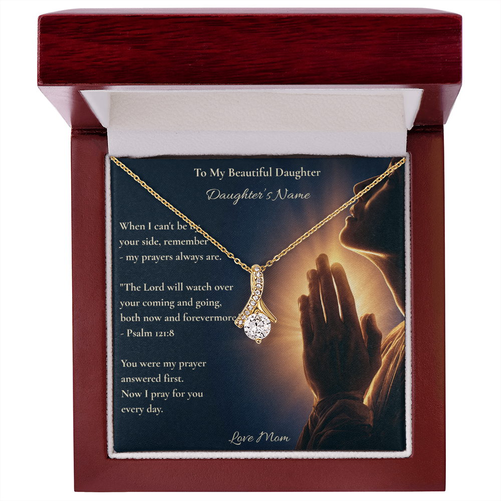 Gold ribbon necklace and personalised daughter card in a mahogany luxury box with Psalm 121:8