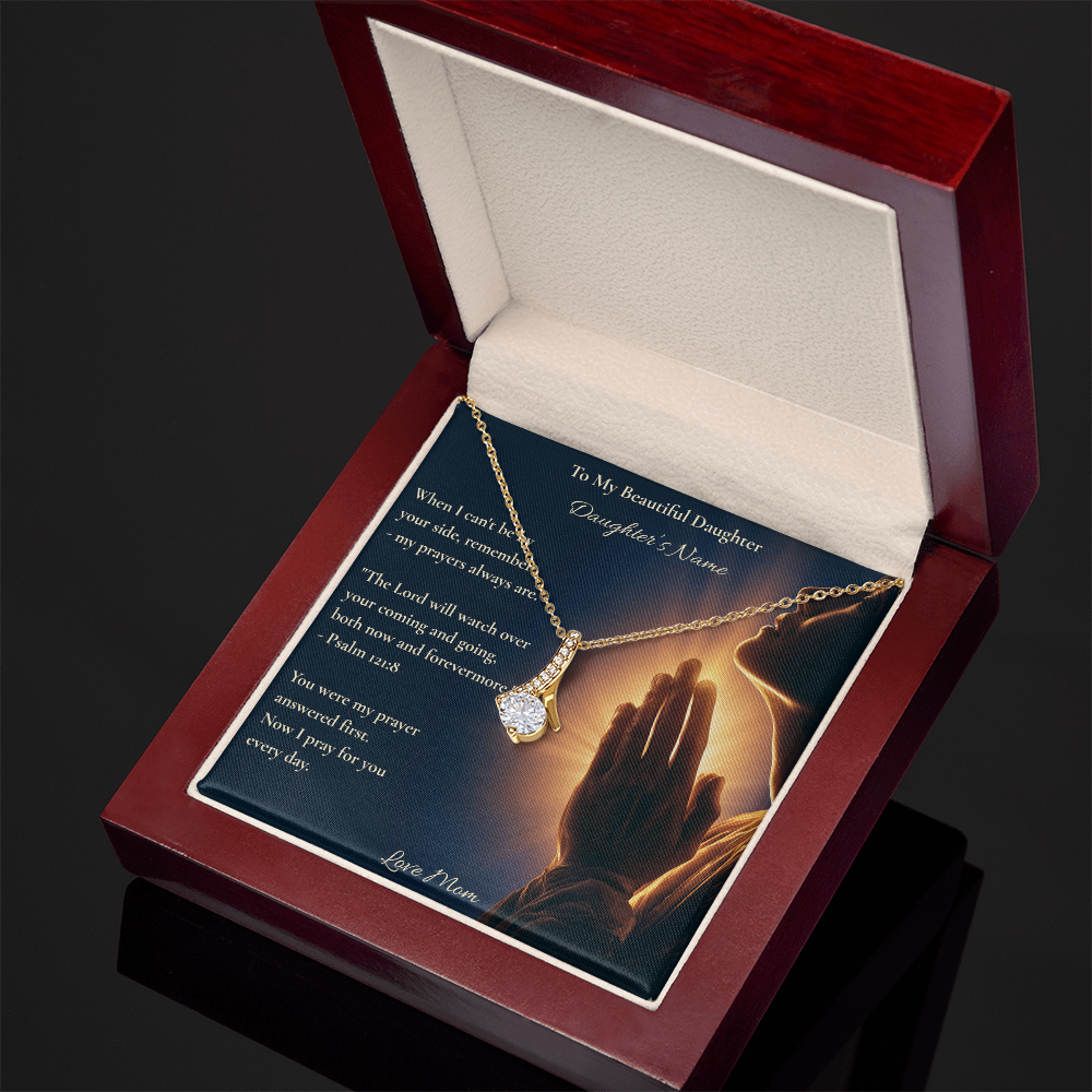 Yellow gold necklace on a To My Beautiful Daughter card in an open wooden gift box
