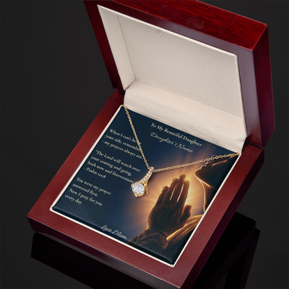 Yellow gold necklace on a To My Beautiful Daughter card in an open wooden gift box