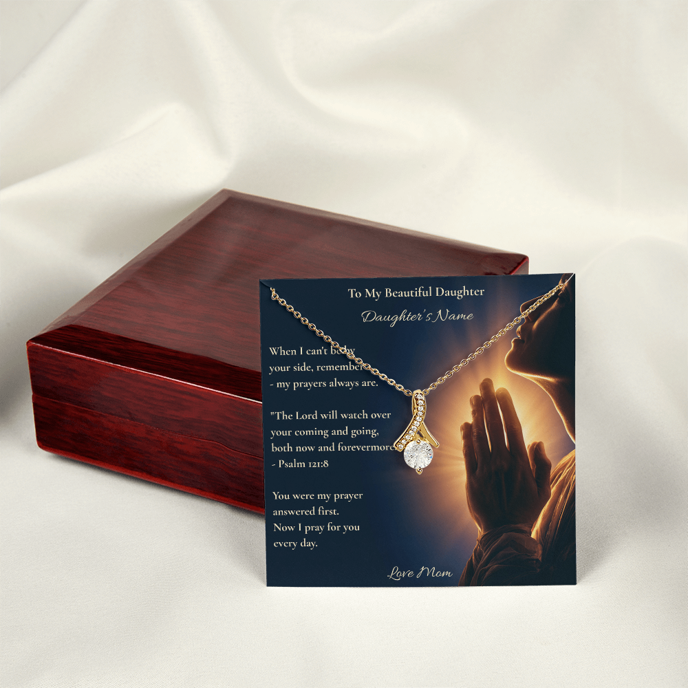 Personalised Psalm 121:8 daughter card leaning against a closed mahogany gift box