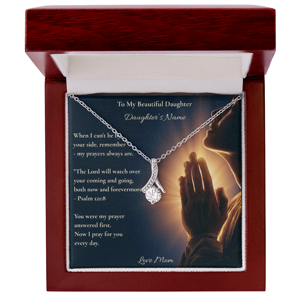 Silver necklace with Psalm 121:8 daughter card in a mahogany luxury gift box, top view