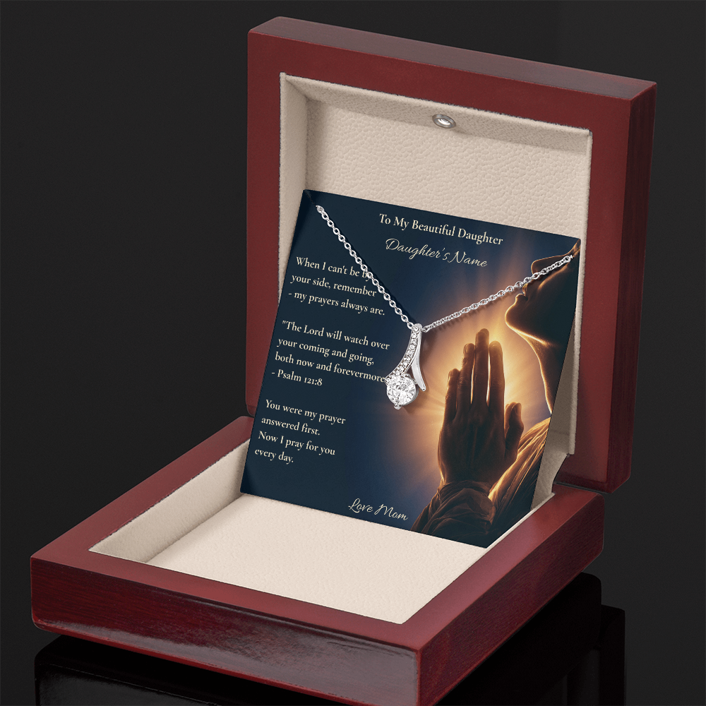 Silver ribbon pendant necklace and faith message card in a mahogany luxury box