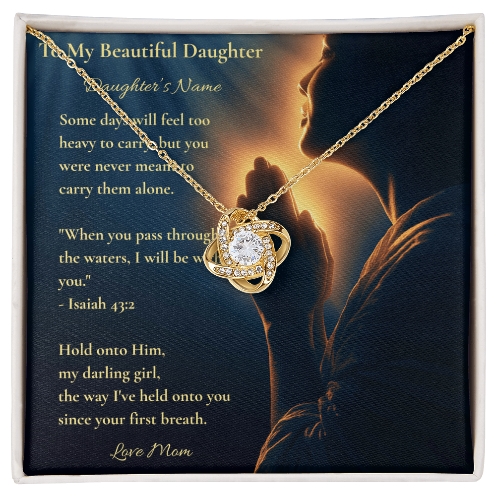 Gold Love Knot pendant with cubic zirconia stone, a personalised Christian gift for a daughter