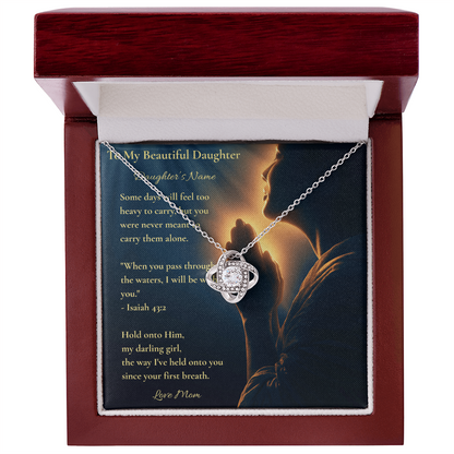 Personalised Love Knot necklace for daughter in a luxury gift box with Isaiah 43:2 message card