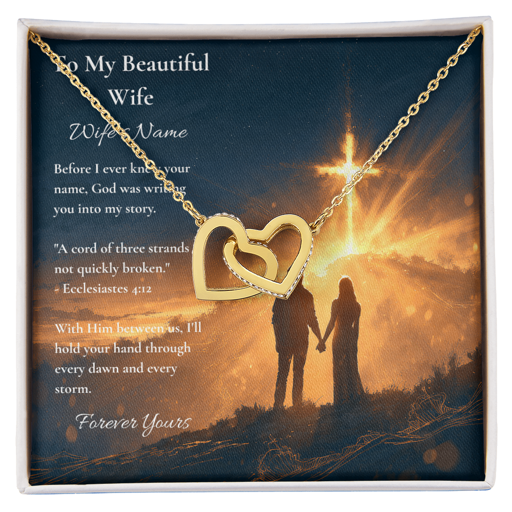 Two-tone interlocking hearts necklace on a To My Beautiful Wife message card, anniversary gift