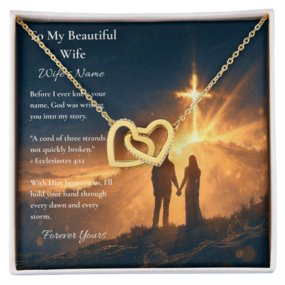 Two-tone interlocking hearts necklace on a To My Beautiful Wife message card, anniversary gift