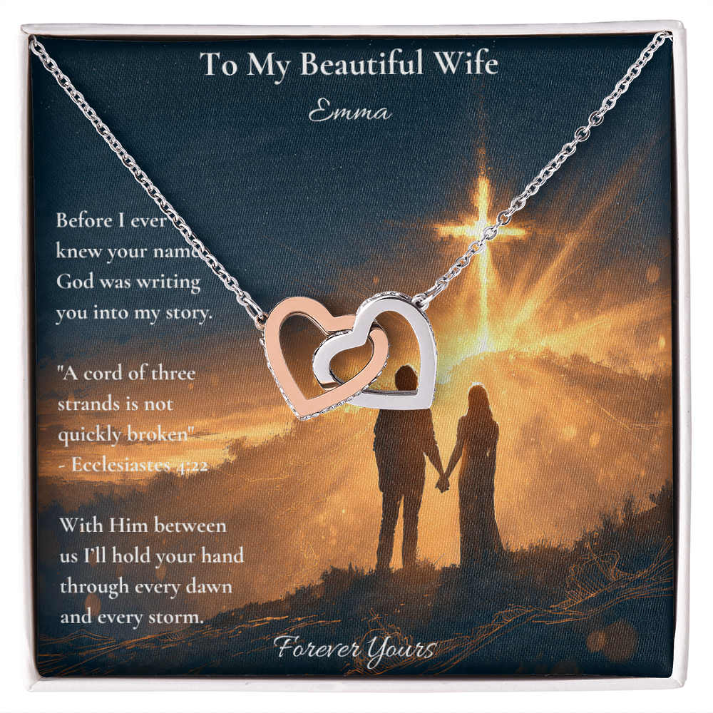Personalized Interlocking Hearts necklace on a To My Wife card with Ecclesiastes 4:12, from husband