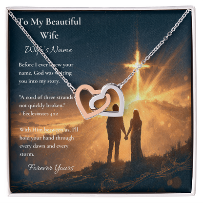 Personalized Interlocking Hearts necklace on a To My Wife card with Ecclesiastes 4:12, from husband