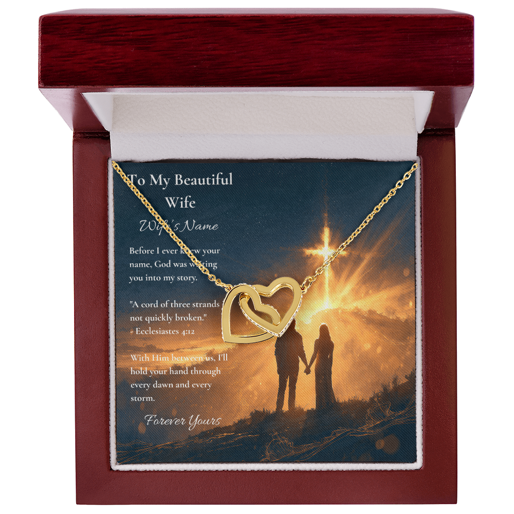 Interlocking hearts necklace and personalized wife card in a mahogany luxury box, top view