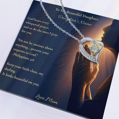 Personalised white gold heart necklace with Philippians 4:6 on a Mom-to-daughter message card