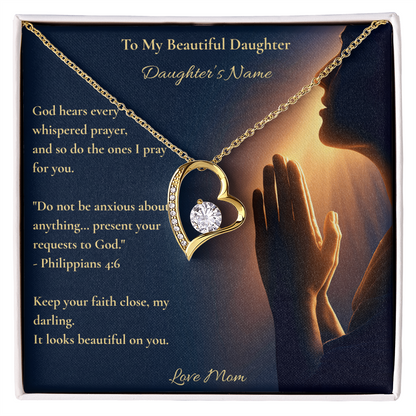 To My Beautiful Daughter card with Philippians 4:6 and a personalised silver heart necklace from mom