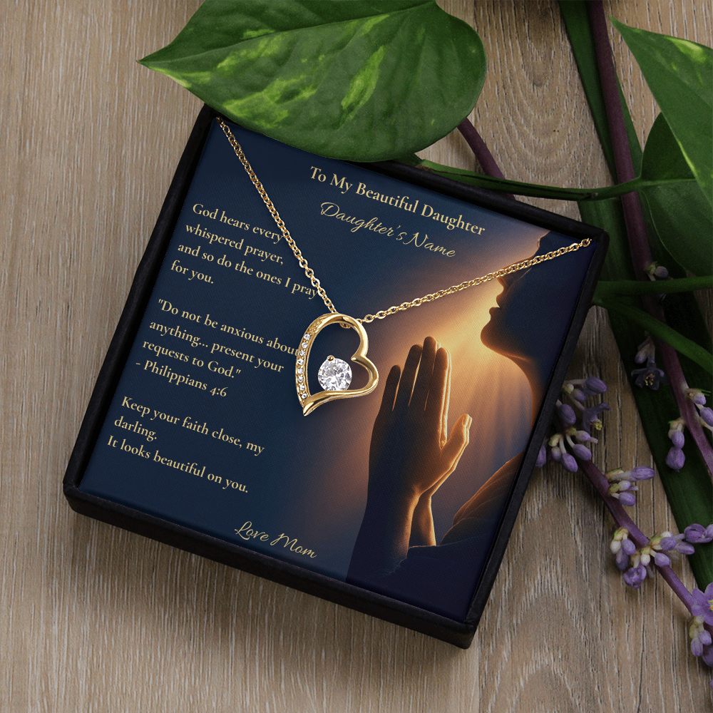 Personalised Forever Love heart necklace for a daughter in a black gift box with a faith message card