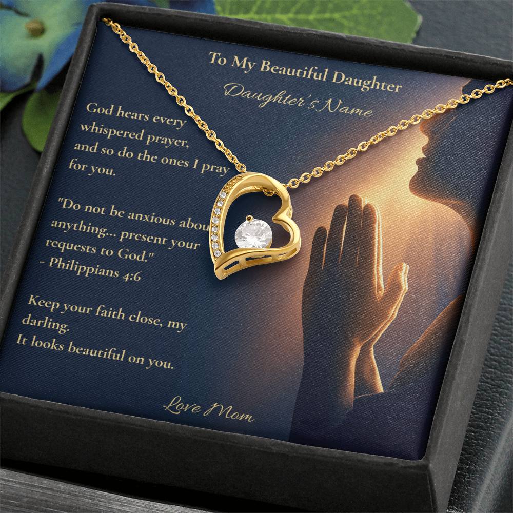 Gold heart necklace with a Philippians 4:6 Mom-to-daughter card, a personalised Christian gift