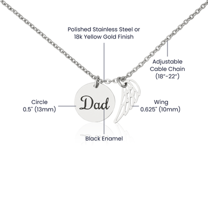 In Loving Memory of Dad – Angel Wing Memorial Necklace | Remembrance Keepsake With Engraved "Dad" Charm & Message Card