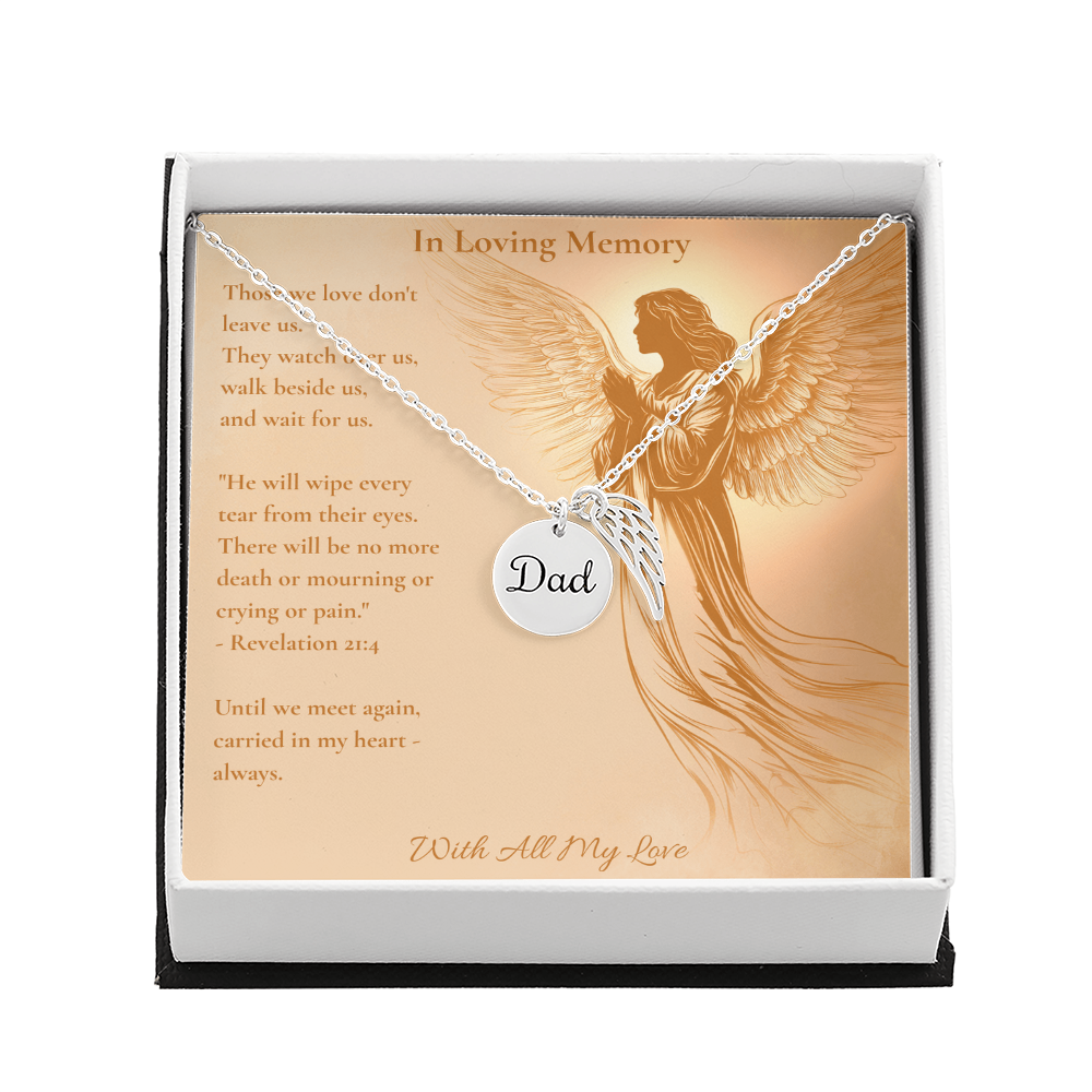 In Loving Memory of Dad – Angel Wing Memorial Necklace | Remembrance Keepsake With Engraved "Dad" Charm & Message Card