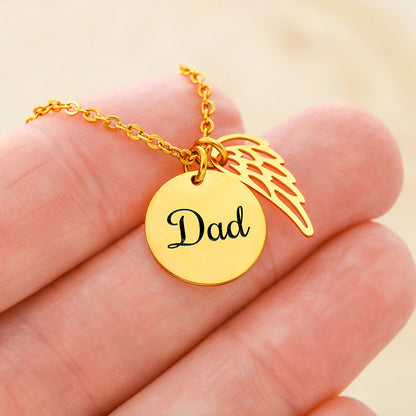 In Loving Memory of Dad – Angel Wing Memorial Necklace | Remembrance Keepsake With Engraved "Dad" Charm & Message Card