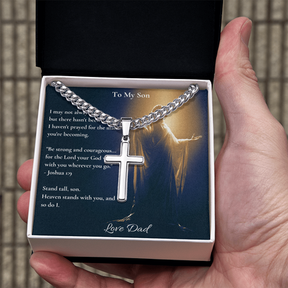 To My Son – "Stand Tall" Artisan Cross Necklace with Cuban Link Chain | Faith Gift From Dad With Joshua 1:9 Message Card