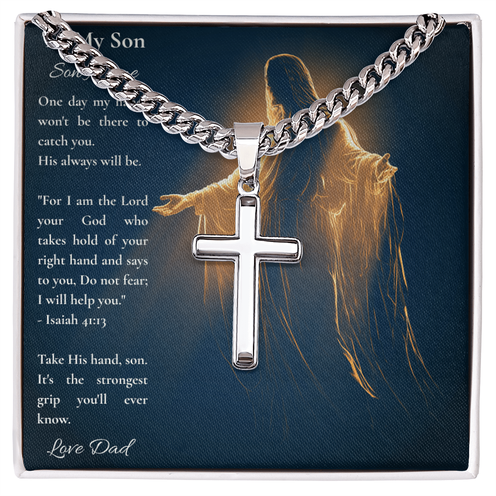 Personalized cross necklace on a To My Son card with Isaiah 41:13, a Christian gift from dad