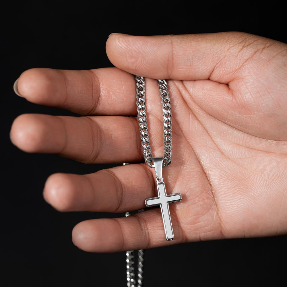 To My Son – "Stand Tall" Artisan Cross Necklace with Cuban Link Chain | Faith Gift From Dad With Joshua 1:9 Message Card