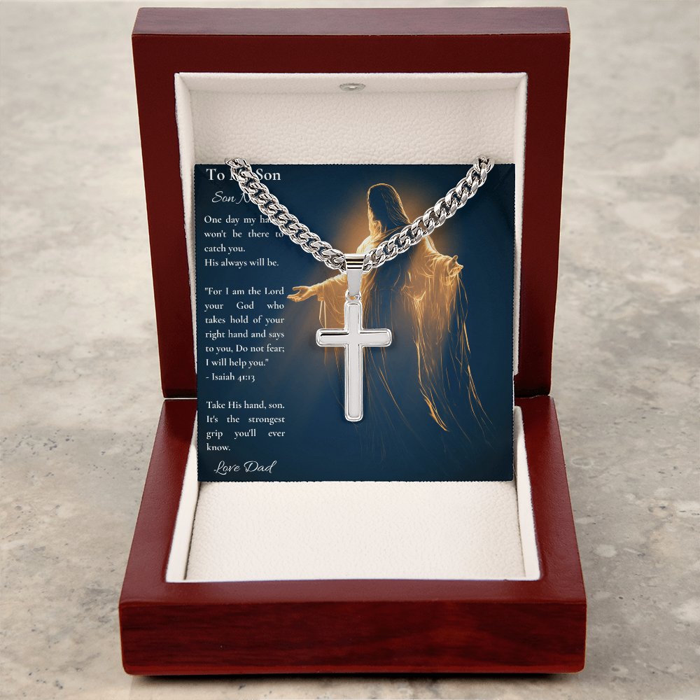 Stainless steel Cuban link cross necklace and son message card in an open wooden box