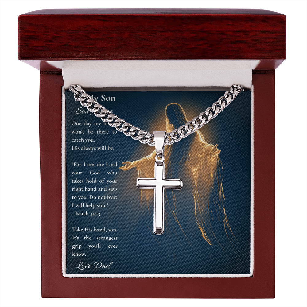 Silver cross pendant on a Cuban link chain in a mahogany box with a To My Son card
