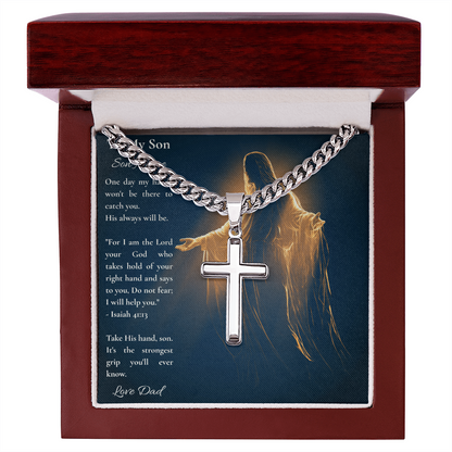 Silver cross pendant on a Cuban link chain in a mahogany box with a To My Son card