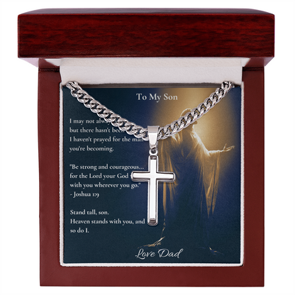 To My Son – "Stand Tall" Artisan Cross Necklace with Cuban Link Chain | Faith Gift From Dad With Joshua 1:9 Message Card