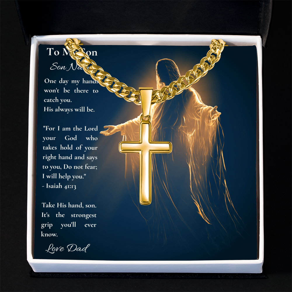 Gold Cuban link cross necklace on a personalized Isaiah 41:13 son card, dark background