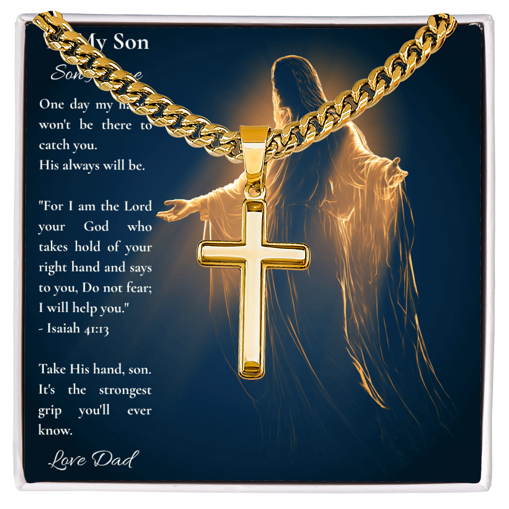 Gold cross on a Cuban link chain over a personalized Isaiah 41:13 card for a son