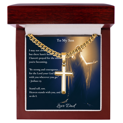 To My Son – "Stand Tall" Artisan Cross Necklace with Cuban Link Chain | Faith Gift From Dad With Joshua 1:9 Message Card